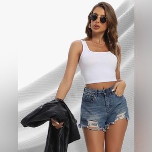 NWT White Ribbed Cropped Tank Top for Women Sleeveless Square Neck Size L